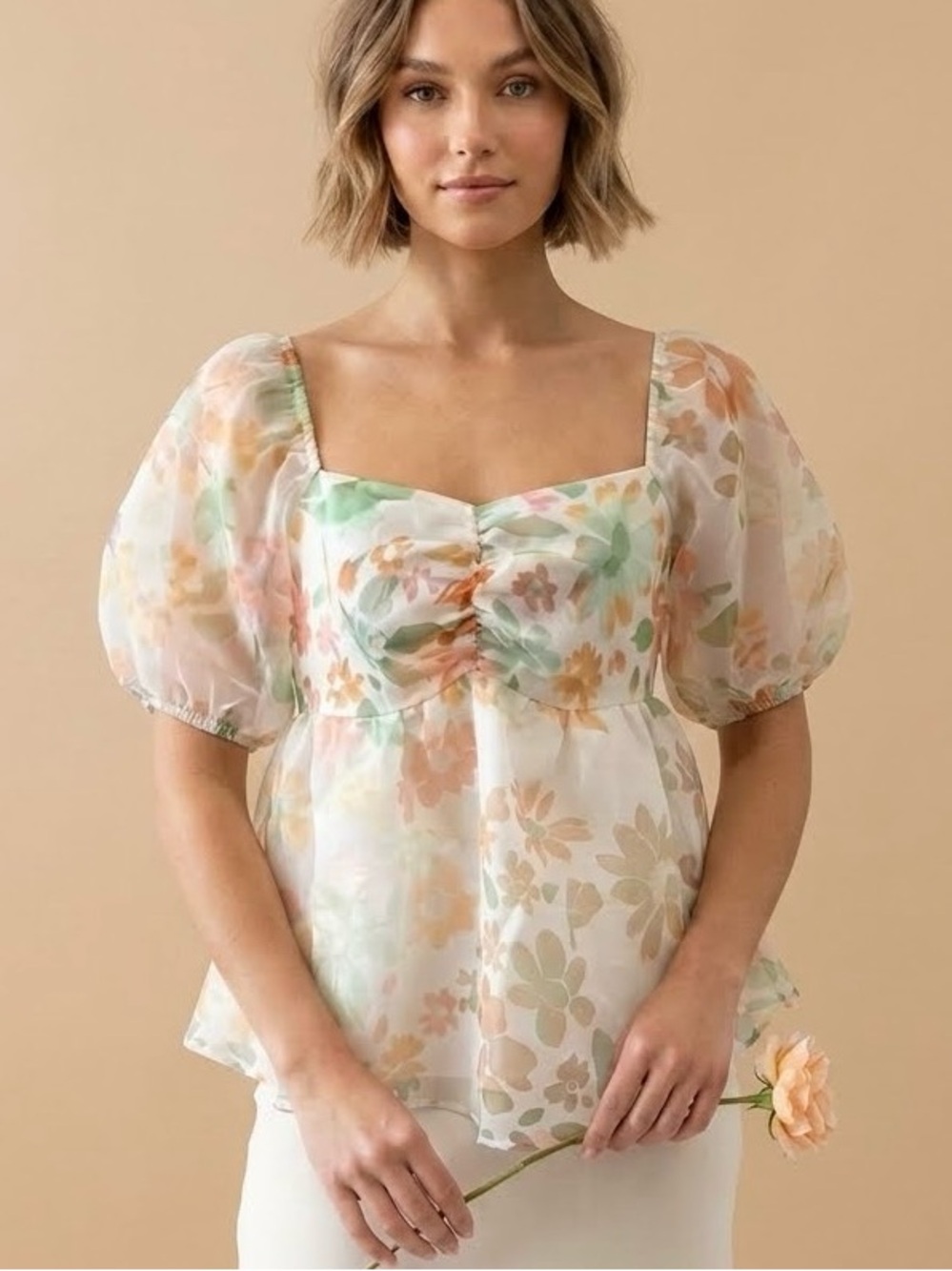 Feminine Floral Babydoll Blouse Puff Sleeve Sweetheart Neck Cream Peach Organza